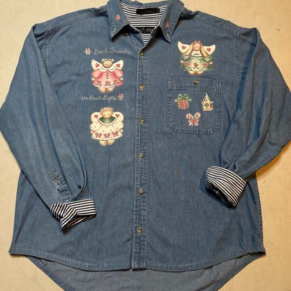 Luna Pier Vintage Angel Denim Shirt L Embroidered Christmas Button Down - Picture 7 of 11